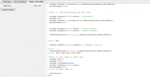 A snippet of code showcasing changes in panel graphics, tweening positions, and player dialog prompts.