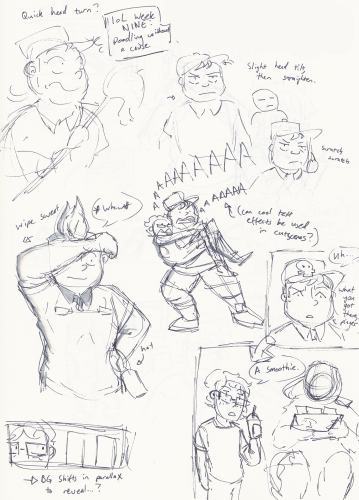 Sketches of Ingrid the Cashier's portraits. (Ft. a freezer monster and a customer.)